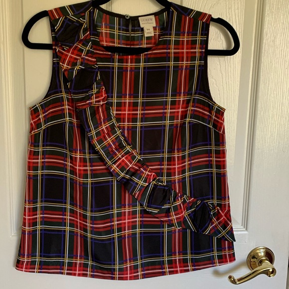 J. Crew Factory Plaid Ruffle Blouse Size P4 Red Green Black Holiday Colours - Picture 1 of 12
